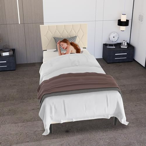 Froadp Polsterbett 90 x 200 cm – Doppelbettgestell mit Holzlattenstütze aus Kunstleder, Gepolstertes Kopfteil mit Knöpfen, Plattformbettgestell für Schlafzimmer, Modernes Design (Beige)