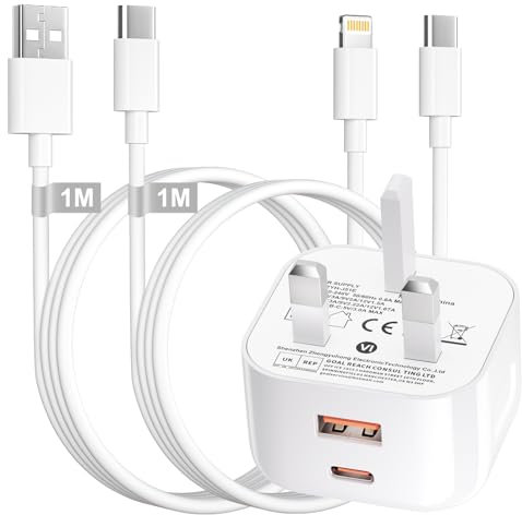 iPhone Charger Fast Charge for Apple iPhone 16 Pro Max/16e/15 Pro/14 Plus/13/12 Mini/11, 20W 2 Port Apple iPhone Fast Charger Plug USB Type C Plug Power Adapter with 1M Lightning Cable and USB C Cable