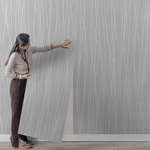 Tarwanear Silver Grey Wallpaper Non-Woven Striped Wallpaper Plain Grey Minimalist Embossed Wall Paper Modern Geometric Design Decor Roll Kids Boys Girls Wallpapers for Bedroom Lounge