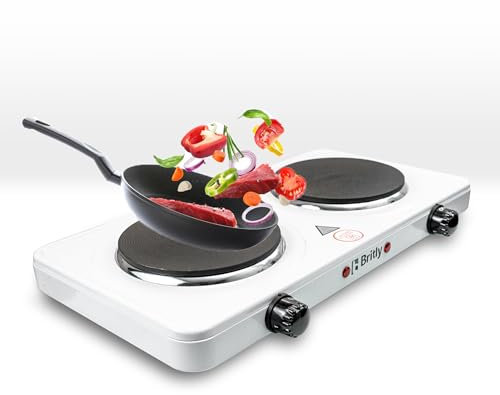 Britly Double Hot Plate 1000W & 1000W | Flexible and Precise Tabletop Cooking with 2 Ring Hobs and Cast-Iron Heating Plates – Portable Electric Hob for Home, Camping, and Caravans – 1-Year Warranty