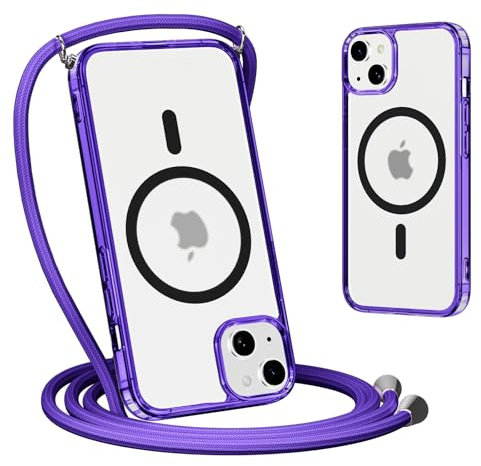 Yoedge Magnetica Cover per iPhone 13 Mini con Cordino 5,4, Compatibile con Magsafe,Traslucida Opaca Ultra Sottile Silicone TPU Antiurto Custodia con Collana Laccio Tracolla per iPhone 13 Mini, Viola