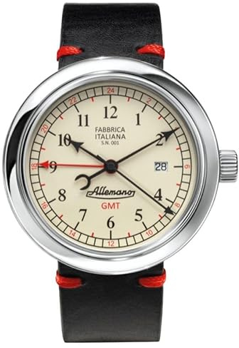 Allemano 1919 GMT poliert Automatik (44 mm) antikes weißes Zifferblatt/schwarzes Lederarmband GMT A 1919 SP-LW