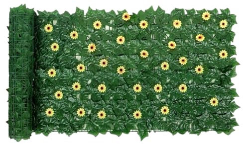 Gartenzaun-Sichtschutz – Kunstpflanzen-Wandpaneele | 1 x künstlicher Efeu-Sichtschutzzaun für den Außenbereich | künstliche Balkonzäune | Grünpflanzen-Ranken-Grasplatten mit 96 Sonnenblumen