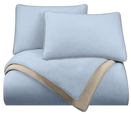 Vellux Solid Jersey Knit 2-Piece Twin Comforter Set - Cotton Blend - Ultra-Soft & Cozy T-Shirt - Light Weight - Breathable - Down Alternative - Bedding for All-Season Comfort (68 x 88, Blue/Taupe)