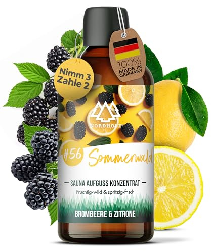 NORDHOLZ® Saunaaufguss 100ml [60 Sorten] Sauna Aufgussmittel Konzentrat | Sauna Duft · #56 Sommerwald · Brombeere & Zitrone · fruchtig & spritzig · Mit ätherischen Ölen · Made in Bayern