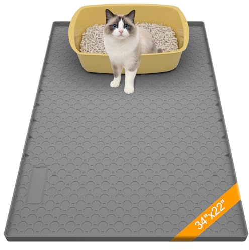 Alfombra Arenero Gato Silicona Impermeable Bordes Elevados 86x56cm, Alfombra Gatos Arenero Grande Antideslizante, y Alfombrilla Arenero Gato Diseño Panal Fácil Limpiar, Gris