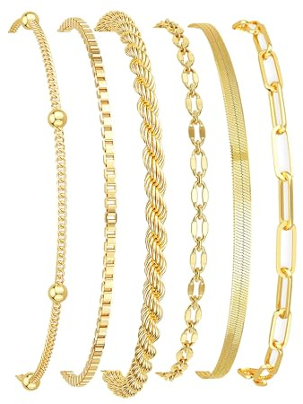 RWQIAN 5-6Pcs Armband Set Damen Silber/Gold 14K Vergoldet,Verstellbare Armbander 316L Edelstahl Wasserfest Stapelarmbänder Modeschmuck für Damen Mädchen