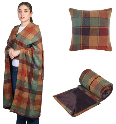 SIVENKE Tragbare Decke Kompaktes Kissen 2-in-1-Schoßdecke Damen Poncho Fleece mit Knopf Karierte Tagesdecke Kissen für Bett, Sofa, Büro