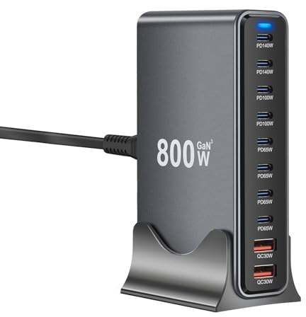 800W GaN USB Charging Station, 10-Port Multi Type C Charger Station with 8 USB-C & 2 USB-A, Fast Charging Power Hub, Compatible with Phone, Pad, Galaxy, Laptop, Tablet