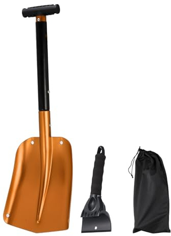 QUARKZMAN Pelle à Neige 3-en-1 en Aluminium avec grattoir à Glace et Sac de Rangement, idéale pour Voiture, Camping et Jardinage, Couleur Or