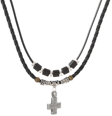 Karma NH11447090 Halskette mehrreihig Surfer Style Kreuz Schwarz Herren PU Leder Kette Herrenschmuck Männer Herrenhalskette modern Geschenk für Ihn Lederkette