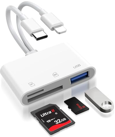 [Apple MFi Certified] SD Kartenleser iPhone & iPad mit Light-ning und USB-C, 3-in-2 Adapter SD Karte für SD/MicroSD/USB2.0, USB-C OTG Adapter für iPhone 15/16/17, iPad, MacBook, Samsung Galaxy