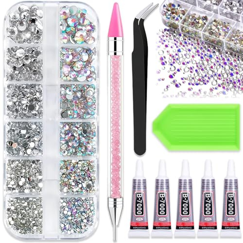 3000PCS Bedazzling Kit - Rhinestones with 5Pcs 3ml Rhinestone Paste Solution, 6 Sizes Flat Back Gems, Crystal AB Nail Art Rhinestone Kit with Pick Up Tweezers & Dotting Pen, Tools for DIY Crafts