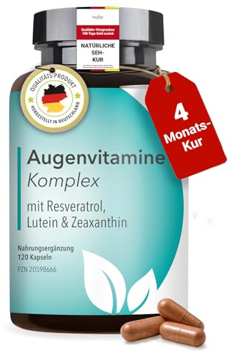 DocVital® Augenstark Vital Komplex, 4 Monatsvorrat, Lutein Zeaxanthin | Mit Vitamin A & B2 für normale Sehkraft, Resveratrol, OPC, Zink, Augenvitamine, Made in Germany, laborgeprüft