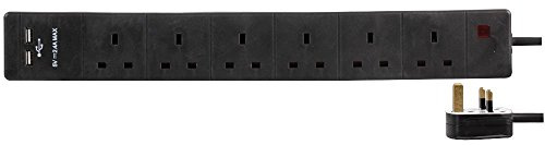 PRO ELEC 6‑Gang Extension Lead with USB, 2m Cable, 13A, Black – PEL00125