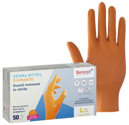 Bericah, Derma Nytril Diamante,Guanti in Nitrile, Senza Polvere, Taglia L, EXTRA GRIP, SPESSORE MAGGIORATO, Colore Arancione,50 Pezzi