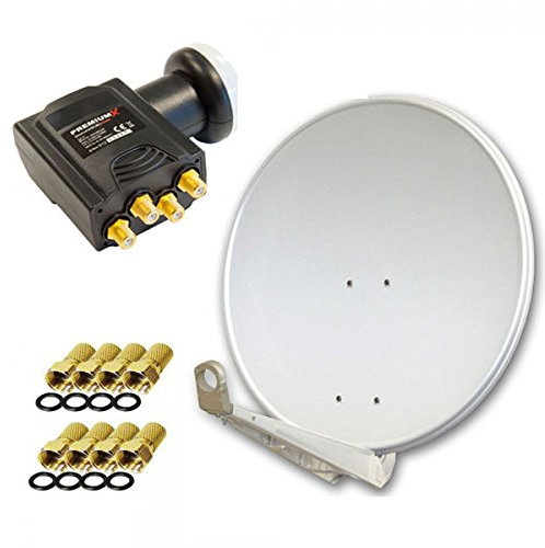 Premium X DELUXE85 Aluminium Hellgrau 85cm Antenne Digital SAT Schüssel Spiegel HDTV HD 3D 4K + Deluxe LNB Quad 0,1dB Quattro Switch + 8X F-Stecker