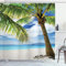 ABAKUHAUS Baum Duschvorhang, Sandy Beach Sunny, Stoffliches Gewebe Badezimmerdekorationsset mit Haken, 175 x 180 cm, Coconut Grün Blau