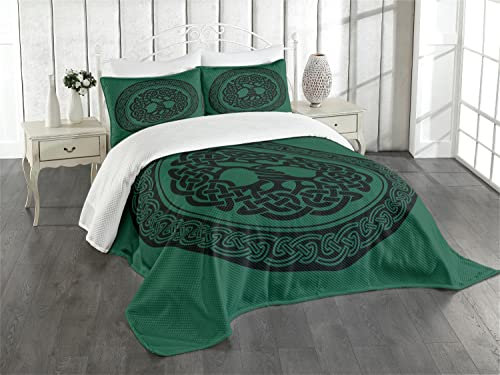 ABAKUHAUS keltisch Tagesdecke Set, Baum des Lebens Muster, Set mit Kissenbezügen Moderne Designs, für Doppelbetten 220 x 220 cm, Wald grün-schwarz