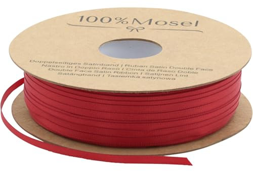 100% Mosel Satinband, in Rot (3 mm x 100 m), matt glänzendes Geschenkband, edles Schleifenband zum Dekorieren & Basteln, zum Einpacken besonderer Geschenke, für Hochzeit, Weihnachten uvm.