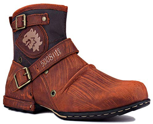 OSSTONE Chukka Stivali Cowboy Biker Boots Maschio Mens motociclo Botas cerniera su in Pelle Vitello Western retrò stile Uomo Stivali Piatto Caviglia Stivaletti Boots 5008-1-A-IT rosso marrone 11.5