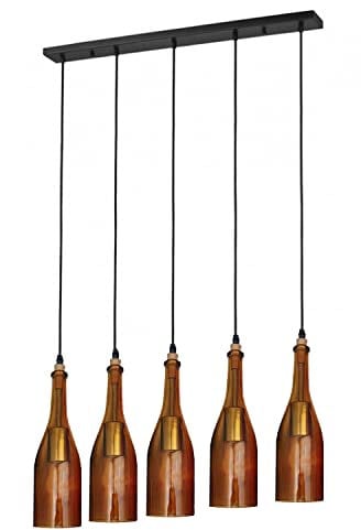 DC VOLTAGE Vintage 5 Lights Wine Bottle Pendant Light, Industrial Chandelier with Colored Glass Shades Retro E27 Base Hanging Fixture for Kitchen, Dining Room, Restaurant, Café
