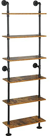 Estantería industrial para escaleras, estantería moderna de 6 niveles, color negro, para montaje en pared con marco de metal, estantes para libros, para decoración de pared, estantes de madera para