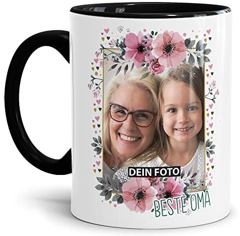 Keramik Tasse - Beste Oma - mit Foto selbst gestalten - Geschenk für die beste Oma, Geburtstag, Weihnachten I Personalisiert, Schwarz, 300 ml