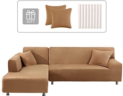 Lydevo Sofabezug Ecksofa L Form Sofa Überwürfe Stretch Sofabezug L Form Rechts oder Links mit Zwei Kissenbezügen Waschbar Universal-Couchbezug L Form Sofa Cover L Shape(3 Sitzer+3 Sitzer,Kamel)