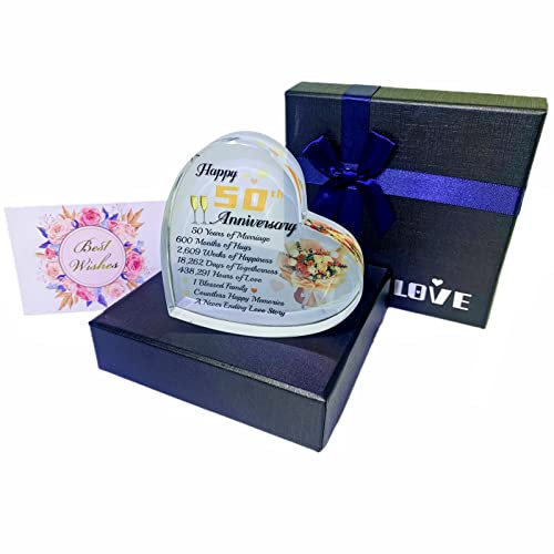 WOSHIDEFA Regalos románticos de 50 aniversario de boda dorado para mujeres, 50 años, esposa, novia, pareja, corazón de cristal, recuerdo de matrimonio, regalo 50 para ella, oro