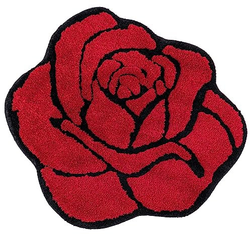 Tapis de bain de luxe antidérapant en forme de rose pour salle de bain, tapis de bain en peluche lavable et moderne, rouge, 60 x 65 cm