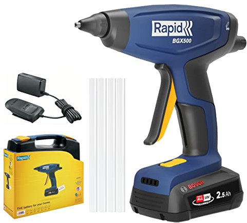 Rapid BGX500 - Pistolet à Colle Chaude Professionnel Sans Fil, Sans Piles, Chauffe Rapide 3 min, Régulateur de Débit, Voyants LED, Batterie & Chargeur Inclus (5001514)