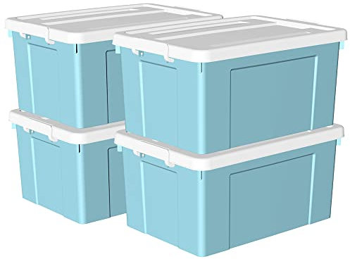 Cetomo 65L*4 Storage Boxes, Plastic Storage Box with Lids, Organizing Container with Secure Latching Buckles, Stackable, Nestable, Tote Bin for Home Office Clothes, 65L-4Pack, Blue