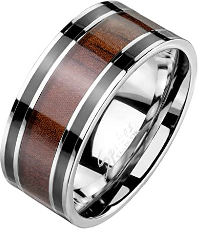Mianova Edelstahl Ring Holz Inlay Unisex Fingerring Schwarze Linien Holzmaserung