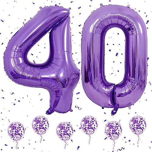 Palloncini Compleanno Numero 40 Viola, 40 Pollici Grandi Palloncini Numeri Elio con 6Pz Palloncini Coriandoli Viola per 40 Ragazzi Ragazze Compleanno Anniversario Decorazioni Festa