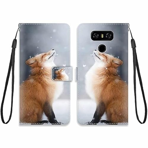 KARTXITAI Hülle Kompatibel mit LG G6,Leder Handyhülle mit Kartenfach Geld Slot Ständer PU Ledertasche Wallet Flip Magnetische Muster Schutzhülle-Fuchs,Schnee