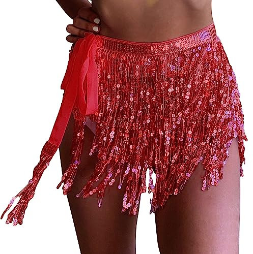 Durio Glitzer Fransen Pailletten Quasten Rock - Bauchtanz Kostüm Festival Damen Rave Kleidung - Rot Einheitsgröße