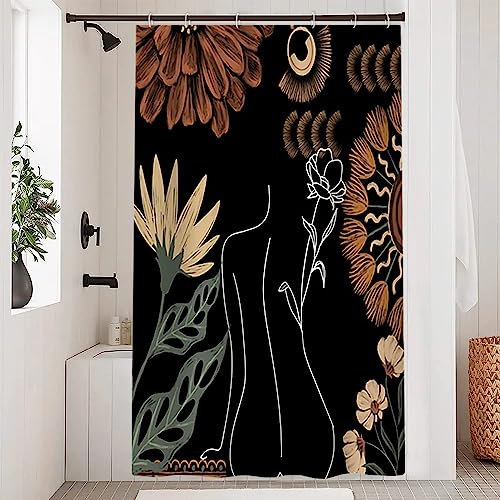 Uiiooazy Rideau Douche Noir, Rideau de Douche 120x180cm Anti Moisissure Abstrait Feuilles Vert Fleuri Rideaux de Baignoire Tissu Lavable Imperméable Polyester Rideaux Salle de Bain avec 8 Crochets