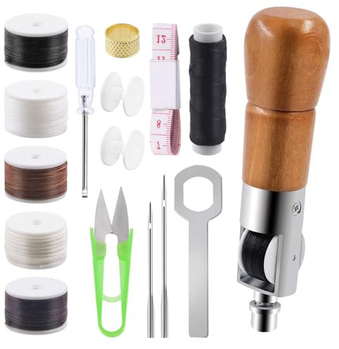 Glarks 13Pcs Leather Sewing Awl Kit Portable Leather Stitching Repair Stitch Tool Including Hand Sewing Awl, 5 Colors Spools of Thread with Straight and Bent Needles,Thimble, Tape Measure, Scissors