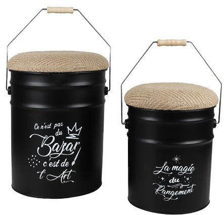 Urban living LOFT & METAL BIDON POUF AVEC ASSISE EN JUTE ET ANSE BOIS X2PCS H31CM ET H40CM