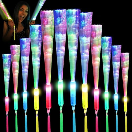 Sinwind 12 Pièces Bâton Lumineux en Fibre Optique, LED Multicolores Bâtons Lumineux, Lumineuses à Fibre LED 3 Modes Colorés Clignotants, pour Enfants Anniversaire Fête, Noël, Concert, Mariage, Fête