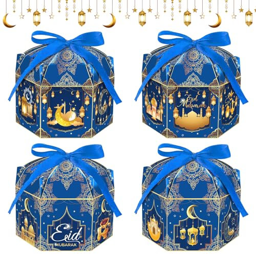 KIKVTER Ramadan Geschenkboxen, 12 Stücke Sechseckige Geschenkbox mit Bänder, Ramadan Geschenktüten, Muslimische Leckerlis Geschenktüten, Ramadan Box Ramadan Deko für Süßigkeiten, Kekse, Schokolade