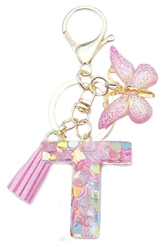 Xsclpomddy Porte-clés mignon pour fille avec lettres de l'alphabet et paillettes en résine rose avec papillon, t, taille unique