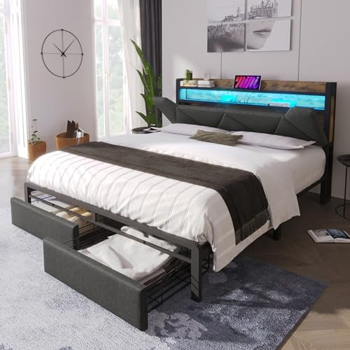 Merax Polsterbett Metallbett 160x200cm mit Schubladen, LED-Beleuchtung, USB & Stauraum Kopfteil, Doppelbett Bettgestell mit Lattenrost aus Metallrahmen, Stauraumbetten, Jugendbett, ohne Matratze, Grau