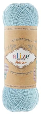 100g Sockenwolle Alize Superwash Artisan 75% Wolle Strickwolle Häkelgarn Farbwahl, Farbe:522 eisblau