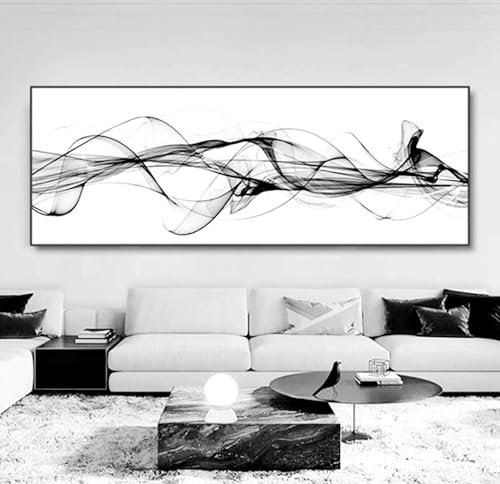 Schwarz Weiß Leinwandbild Set 1-Teilig - Abstrakt Geometrie Line Wandbilder für Wohnzimmer, Moderne Wanddekoration Ohne Rahmen (Line,60x180cm)