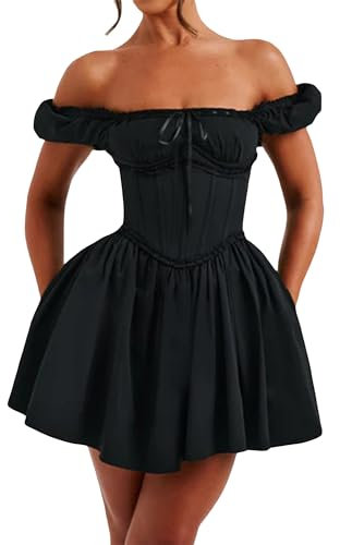 Miolasay Women Off Shoulder Puff Sleeve Dress Casual Solid Color Backless Corset Party A-Line Dress for Beach Summer Streetwear (A-Black, M)