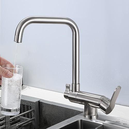 Grifo de Cocina de 3 vías, Mezclador de Cocina abatible Debajo de la Ventana, Grifo Giratorio, Agua Potable filtrada, Grifo de Cocina, Mezclador de 3 vías para Fregadero, Cepillado