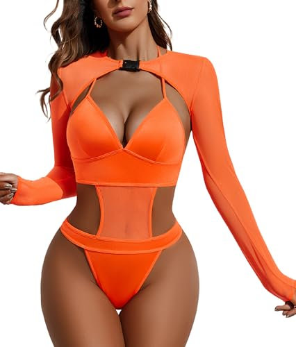 Avidlove Rave Outfits für Damen Sexy Dessous Bodysuit Schnalle Achselzucken Bauchfreies Top Set Orange S