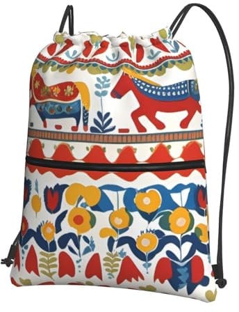 YYHWHJDE Runner Rucksack mit schwedischem Dala-Pferd, mit Kordelzug, Reißverschluss, geeignet für Outdoor-Freizeit, 15,3 x 45,7 cm (L x H), Schwarz , One size